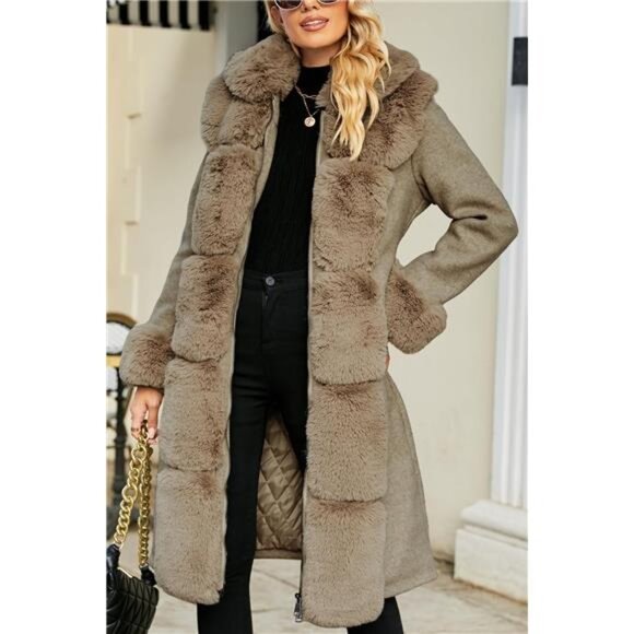 Women's Wool Pea Coat Faux Fur Jacket Winter Warm Parka Overcoat with Belt - Picture 4 of 8